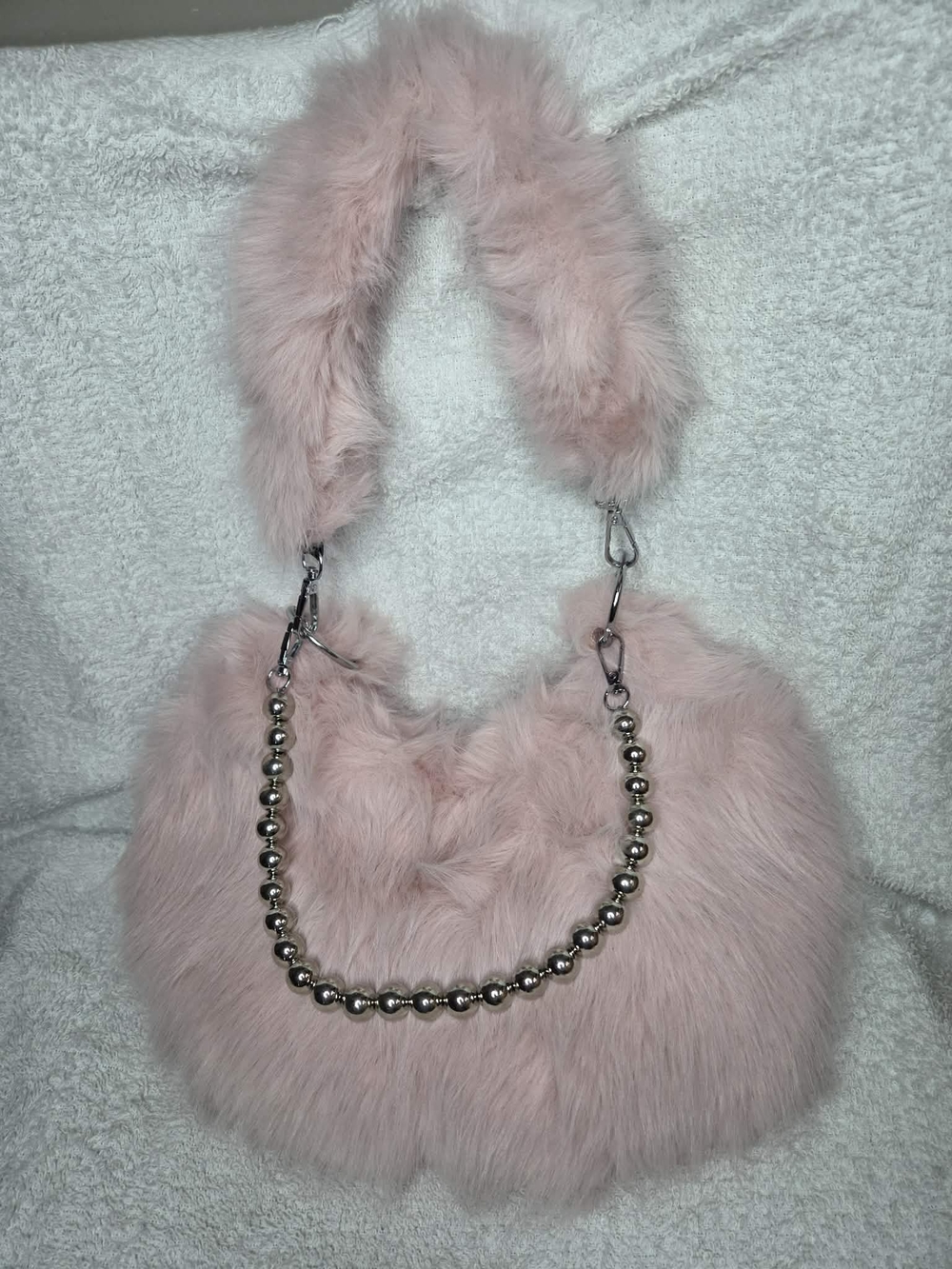 Plush Pink Faux Fur Shoulder Bag with Beaded Chain